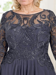 A-line Boat Neck Illusion Floor-Length Chiffon Lace Mother of the Bride Dress With Sequins Beading