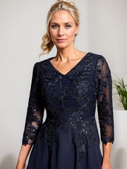 A-line V-Neck Knee-Length Lace Chiffon Mother of the Bride Dress With Sequins