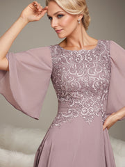 A-line Scoop Tea-Length Lace Chiffon Mother of the Bride Dress