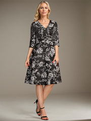 A-line V-Neck Knee-Length Jacquard Floral Mother of the Bride Dress