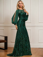 Trumpet/Mermaid Boat Neck Illusion Sweep Train Chiffon Sequin Evening Dress