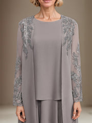 A-line Scoop Tea-Length Chiffon Mother of the Bride Dress With Cascading Ruffles