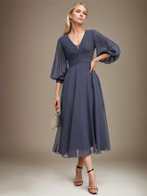 A-line V-Neck Tea-Length Chiffon Mother of the Bride Dress With Pleated