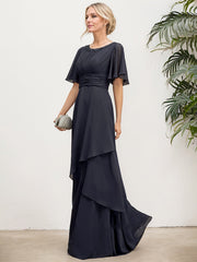 A-line Scoop Floor-Length Chiffon Mother of the Bride Dress With Pleated Sequins Beading