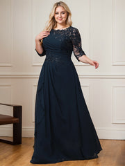 A-line Scoop Floor-Length Lace Chiffon Mother of the Bride Dress With Cascading Ruffles Sequins