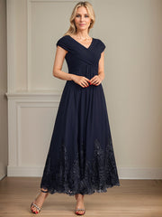 A-line V-Neck Ankle-Length Chiffon Mother of the Bride Dress With Bow Sequins Appliques Lace