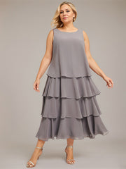 A-line Scoop Tea-Length Chiffon Mother of the Bride Dress With Cascading Ruffles