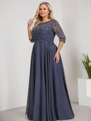 A-line Scoop Illusion Floor-Length Lace Chiffon Mother of the Bride Dress With Pleated Sequins