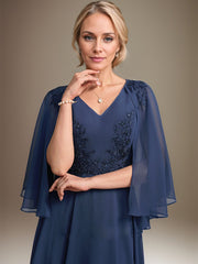A-line V-Neck Tea-Length Chiffon Lace Mother of the Bride Dress With Sequins Beading