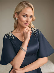 A-line V-Neck Tea-Length Satin Mother of the Bride Dress With Beading