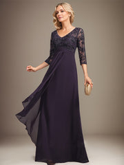 Empire V-Neck Floor-Length Lace Chiffon Mother of the Bride Dress With Cascading Ruffles Sequins