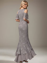 Trumpet/Mermaid Cold Shoulder Scoop Asymmetrical Lace Chiffon Mother of the Bride Dress With Ruffle