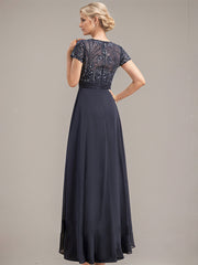 A-line V-Neck Floor-Length Chiffon Lace Mother of the Bride Dress With Beading Sequins Cascading Ruffles
