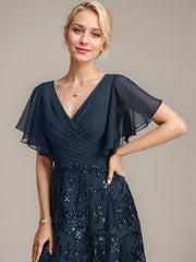 A-line V-Neck Floor-Length Lace Sequin Chiffon Mother of the Bride Dress With Pleated