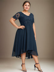 A-line V-Neck Asymmetrical Lace Chiffon Mother of the Bride Dress With Sequins