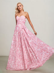 STRAPLESS A-LINE FLORAL CHIFFON DRESS