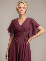 A-line V-Neck Tea-Length Chiffon Mother of the Bride Dress With Pleated Beading