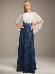 A-line Scoop Floor-Length Lace Sequin Chiffon Mother of the Bride Dress With Pleated