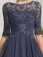 A-line Scoop Illusion Floor-Length Lace Chiffon Mother of the Bride Dress With Pleated Sequins