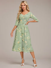 A-line V-Neck Tea-Length Chiffon Mother of the Bride Dress With Pleated