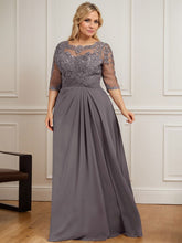 A-line Scoop Illusion Floor-Length Chiffon Lace Mother of the Bride Dress With Pleated Sequins Beading