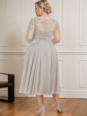 A-line Scoop Illusion Tea-Length Chiffon Lace Mother of the Bride Dress With Sequins Beading