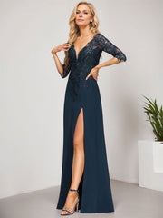 Sheath/Column V-Neck Floor-Length Lace Chiffon Mother of the Bride Dress With Sequins