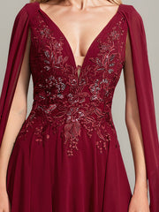 A-line V-Neck Sweep Train Lace Chiffon Evening Dress With Sequins