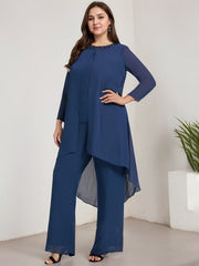 Separates Jumpsuit/Pantsuit Scoop Floor-Length Chiffon Mother of the Bride Dress With Beading Sequins