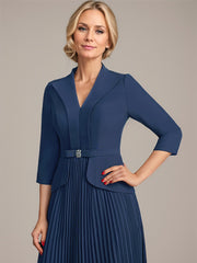 A-line Collared V-Neck Ankle-Length Chiffon Mother of the Bride Dress With Beading Pleated