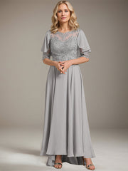 A-line Scoop Illusion Asymmetrical Chiffon Lace Mother of the Bride Dress With Beading
