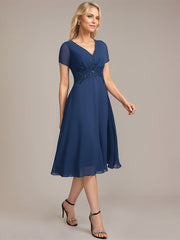 A-line V-Neck Knee-Length Chiffon Lace Mother of the Bride Dress With Pleated Beading Sequins