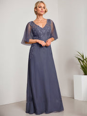 A-line V-Neck Floor-Length Lace Chiffon Mother of the Bride Dress With Sequins Beading