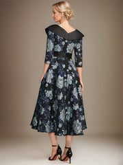 A-line V-Neck Collared Tea-Length Satin Floral Mother of the Bride Dress With Beading 3D Floral Sequins Pleated