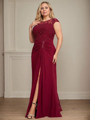 Sheath/Column Scoop Illusion Floor-Length Chiffon Lace Mother of the Bride Dress With Pleated Sequins Beading
