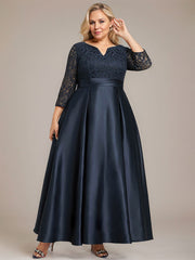 A-line V-Neck Ankle-Length Lace Satin Mother of the Bride Dress With Rhinestone