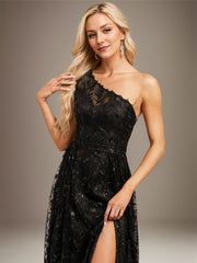 A-line One Shoulder Illusion Floor-Length Sequin Lace Evening Dress