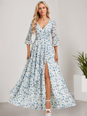 A-line V-Neck Floor-Length Chiffon Mother of the Bride Dress With Cascading Ruffles