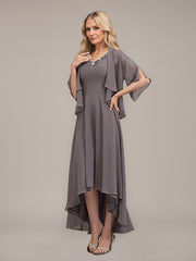 A-line V-Neck Asymmetrical Chiffon Mother of the Bride Dress With Beading Sequins
