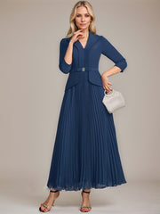 A-line Collared V-Neck Ankle-Length Chiffon Mother of the Bride Dress With Beading Pleated