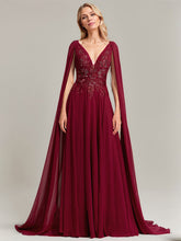 A-line V-Neck Sweep Train Lace Chiffon Evening Dress With Sequins