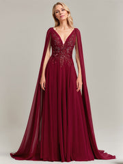 A-line V-Neck Sweep Train Lace Chiffon Evening Dress With Sequins