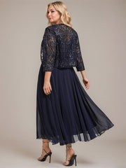 A-line Boat Neck Illusion Tea-Length Lace Chiffon Mother of the Bride Dress With Sequins