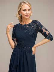 A-line Scoop Floor-Length Lace Chiffon Mother of the Bride Dress With Cascading Ruffles Sequins