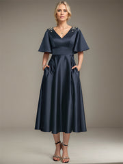 A-line V-Neck Tea-Length Satin Mother of the Bride Dress With Beading