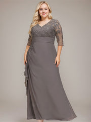 A-line V-Neck Floor-Length Lace Chiffon Mother of the Bride Dress With Cascading Ruffles