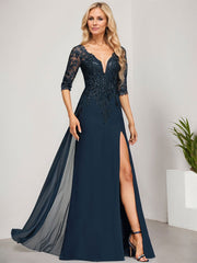 Sheath/Column V-Neck Floor-Length Lace Chiffon Mother of the Bride Dress With Sequins