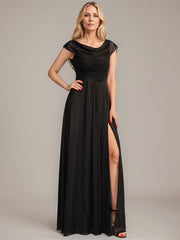 A-line Scoop Floor-Length Mesh Mother of the Bride Dress With Pleated Beading