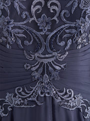 A-line Scoop Illusion Floor-Length Lace Chiffon Mother of the Bride Dress With Pleated Sequins