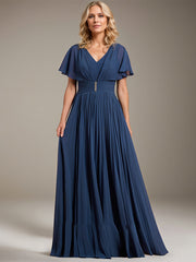 A-line V-Neck Floor-Length Chiffon Mother of the Bride Dress With Crystal Brooch Pleated